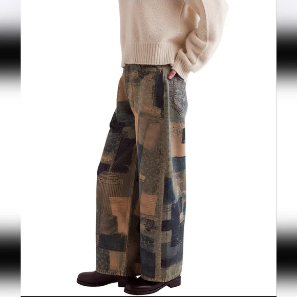 Free People Illusions Patchwork Printed Jeans Barrel Leg Relaxed Indigo 27 NWT - Picture 6 of 15